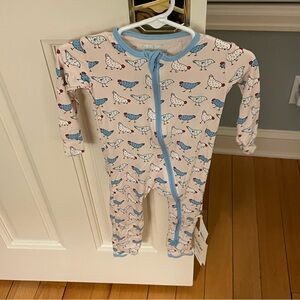 NWT Kickee Pants Bamboo Coverall with 2-Way Zipper - Latte Chickens Print 12-18M